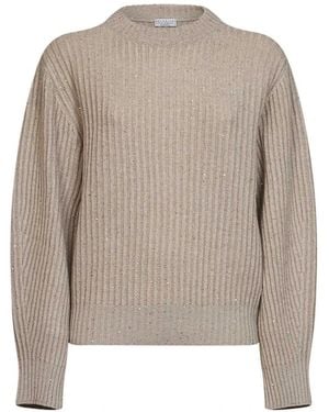 Brunello Cucinelli Truien & Vesten ,Katoen Sequin Rib Crewneck Sweater - Grijs