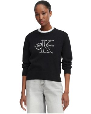 Calvin Klein Logo Geborduurde Ronde Hals Trui - Zwart