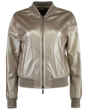 Moorer Metallic Leren Jas Met Ritszakken - Bruin