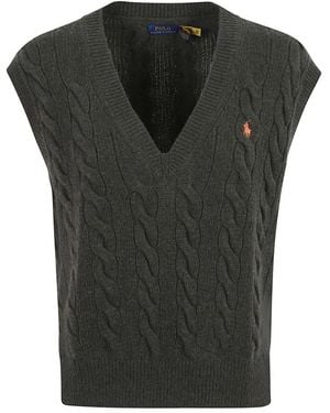Ralph Lauren Truien & Vesten ,Groen ,Wol Vest Met Kabels V-Hals