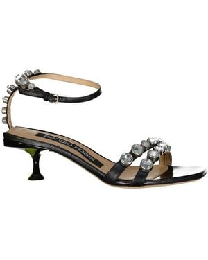 Sergio Rossi Leather Crystal Sandals - Metallic