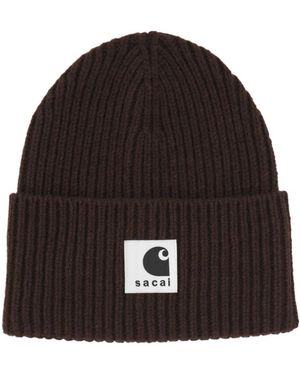 Sacai Accessoires ,Bruin ,Wol Rib Knit Beanie - Zwart