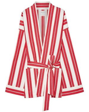 forte_forte Gestreepte Kimono Jas - Rood