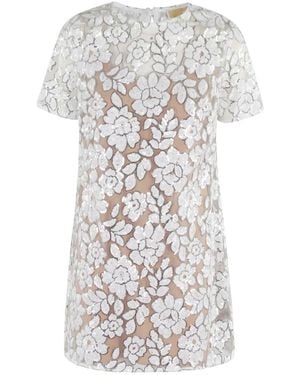 Michael Kors Blumen Pailletten Kleid Weiß Runder Ausschnitt