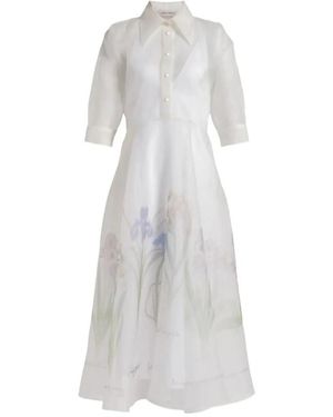 Alberta Ferretti Kleedjes ,Wit ,Organza Organza Jurk Met Bloemendruk Midi