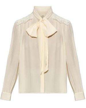 Chloé Zijden Blouse Met Kanten Inzet Op De Schouders - Naturel