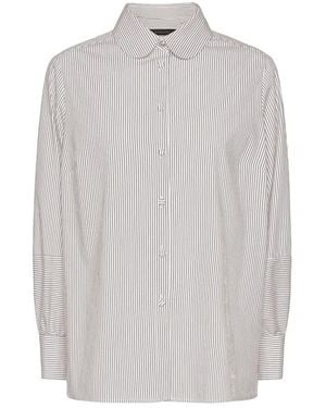 Elena Miro Gestreepte Popeline Shirt Met Ronde Kraag - Wit