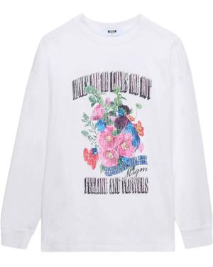 MSGM Hoodies & Sweatvesten ,Wit ,Katoen T-Shirt Met Lange Mouwen En Bloemenprint