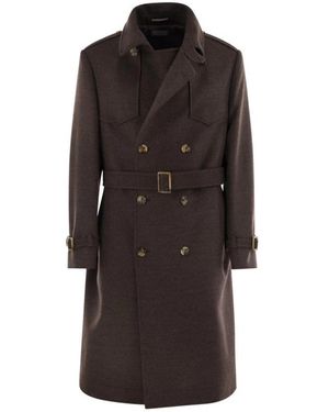 Brunello Cucinelli Jassen ,Bruin ,Double-Breasted Trenchcoat Met Ceintuur - Zwart