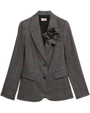 Oltre Karierter Blazer Mit Anstecker - Grau