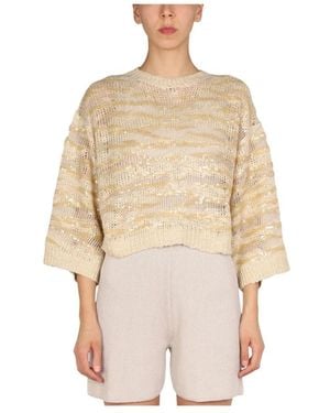 Brunello Cucinelli Truien & Vesten ,Polyester Ronde Hals Gebreid - Naturel