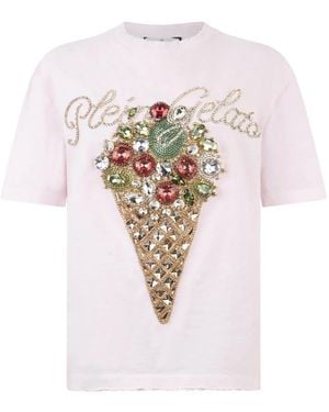 Philipp Plein Tops ,Roze ,Katoen Washed Fit T-Shirt Gelato - Wit