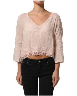 Pink Memories Overhemden ,Roze ,Katoen Blouse Met V-Hals En Lange Mouwen - Naturel