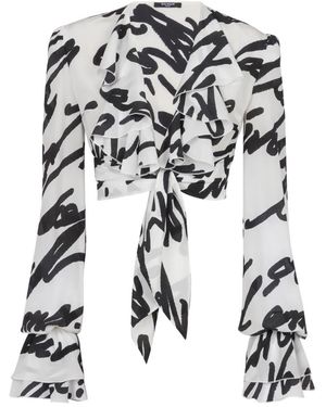 Balmain Overhemden ,Wit ,Gerimpelde 'Love Letter' Geknoopte Crop Top - Zwart