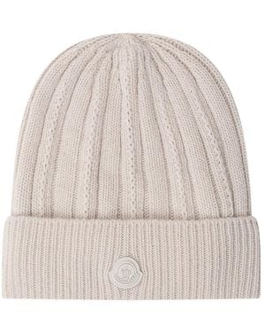 Moncler Accessoires ,Wol Ribbed Logo-Patch Muts - Naturel