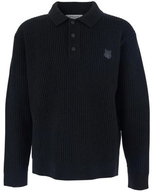 Maison Kitsuné Fox Head Woll Rippstrick-Polo-Pullover - Blau