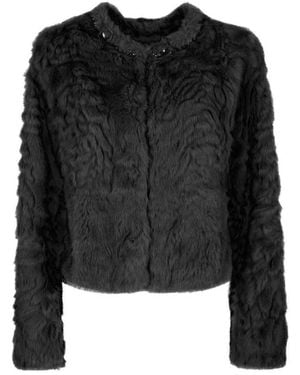 Yes-Zee Zwarte Bont Korte Jas Met Juweel Details