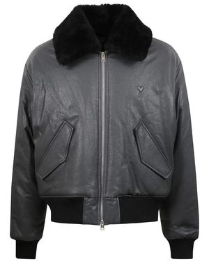 Ami Paris Leather Bomber Jacket With Fur Collar - Grey
