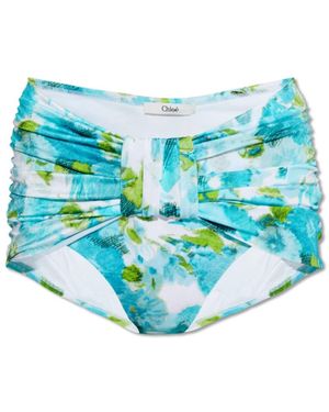 Chloé Aqua Bikini Broekje Met Bloemenprint En Gedrapeerde Mid-Rise Taille - Blauw
