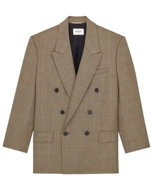 Saint Laurent Jassen ,Wol Dubbelrijige Glen Plaid Jas - Groen