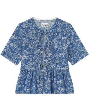 Ganni Gekorte Peplum Top Met Bloemendessin - Blauw