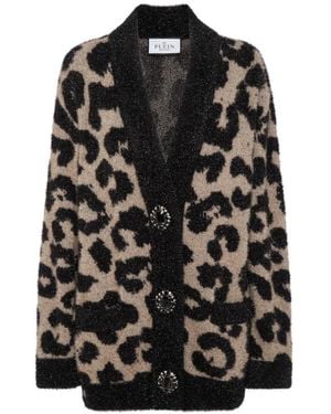Philipp Plein Truien & Vesten ,Bruin ,Wol Lurex Cardigan Leopard - Zwart