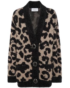 Philipp Plein Truien & Vesten ,Bruin ,Wol Lurex Cardigan Leopard - Zwart