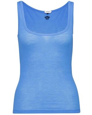 Versace Tops ,Blauw ,Wol Geborduurd Ribgebreid Wol Tanktop