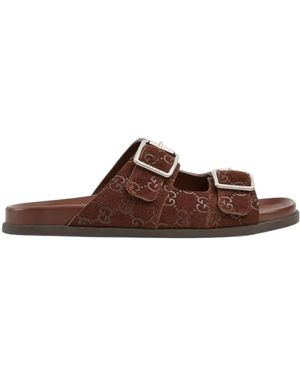 Gucci Schoenen ,Bruin ,Suède Bruin Leren Platte Zool Slides