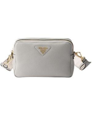 Prada Graue Lederschultertasche Mit Goldfarbener Hardware