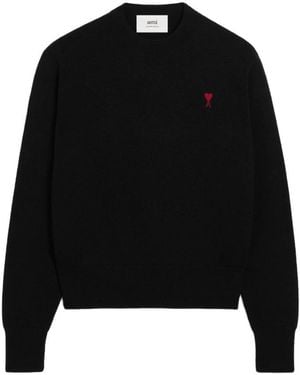 Ami Paris Merino Wool Jumper With Heart Embroidery - Black