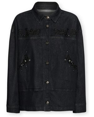 Elena Miro Jassen ,Blauw ,Denim Onge Structureerde Denim Jacket Met Borduurwerk - Zwart