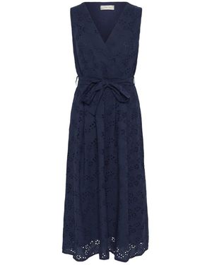 Cream Blaues Besticktes Kleid Mit V-Ausschnitt