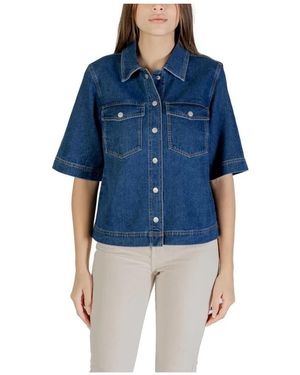 ONLY Overhemden ,Blauw ,Katoen Blauw Katoenen Ronde Hals Shirt