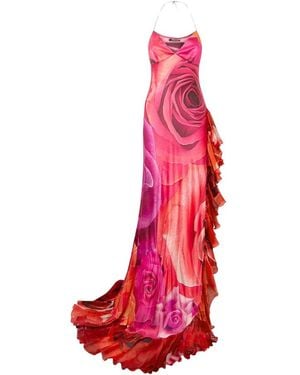 Roberto Cavalli Seidenkleid Mit Rosenmuster Und Volants - Rot