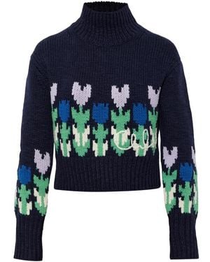 Chloé Wollpullover Mit Rollkragen Und Blumenmotiv - Blau