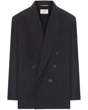 Saint Laurent Jassen ,Zwart ,Leer Dubbelrijige Zijden-Habotai Blazer - Blauw