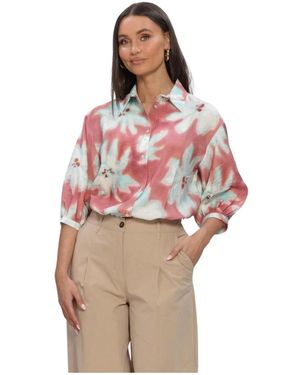 Jansen Amsterdam Overhemden ,Veelkleurig ,Linnen Blouse Wf 761 3/4 Puffed Sleeve Wide Fit - Rood