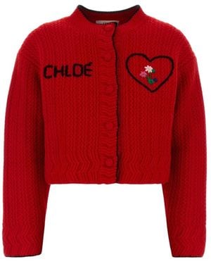Chloé Logo-Bestickte Zopfstrick-Strickjacke - Rot