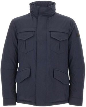 Peuterey Jassen ,Blauw ,Gestreepte Veldjas Met Capuchon