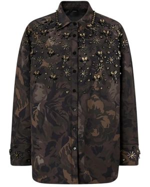 Pinko Jassen ,Bruin ,Polyester Giacca Camicia Oversize Camouflage Floreale - Zwart
