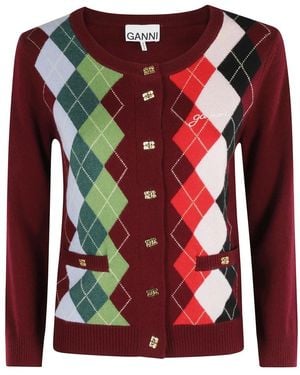 Ganni Bordeaux Karierte Wollstrickjacke - Rot