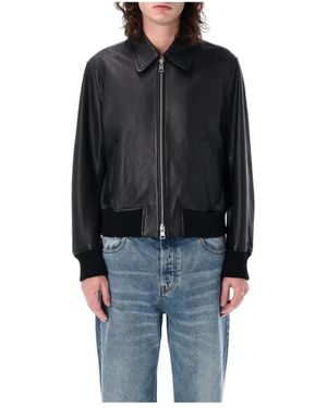 Ami Paris Leather Jacket With Classic Collar And Adc Logo Embroidery Detail - Black