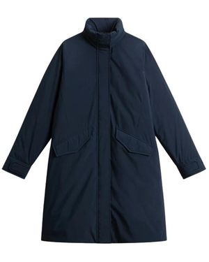 Woolrich Jassen ,Blauw ,Polyester Lange Cloud Jas Met Opvouwbare Capuchon