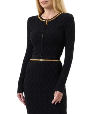 Elisabetta Franchi Truien & Vesten ,Zwart ,Polyester Chain-Trim Diamond-Pattern Cardigan