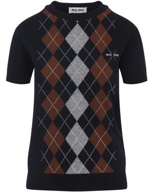 Miu Miu Blauwe Cashmere Pullover Met Argyle Patroon - Zwart