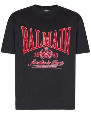 Balmain Kurzärmeliges T-Shirt Mit Beflocktem College - Schwarz