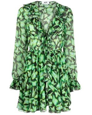 MSGM Plunging V-Neck Rüschen Mini Kleid - Grün