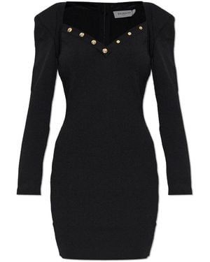 Balmain Kleedjes ,Zwart ,Polyester Jurk Met Coltrui En Schoudervullingen