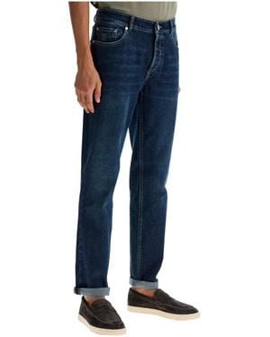Brunello Cucinelli Donkere Wassing Stretch Denim Traditionele Fit Jeans - Blauw
